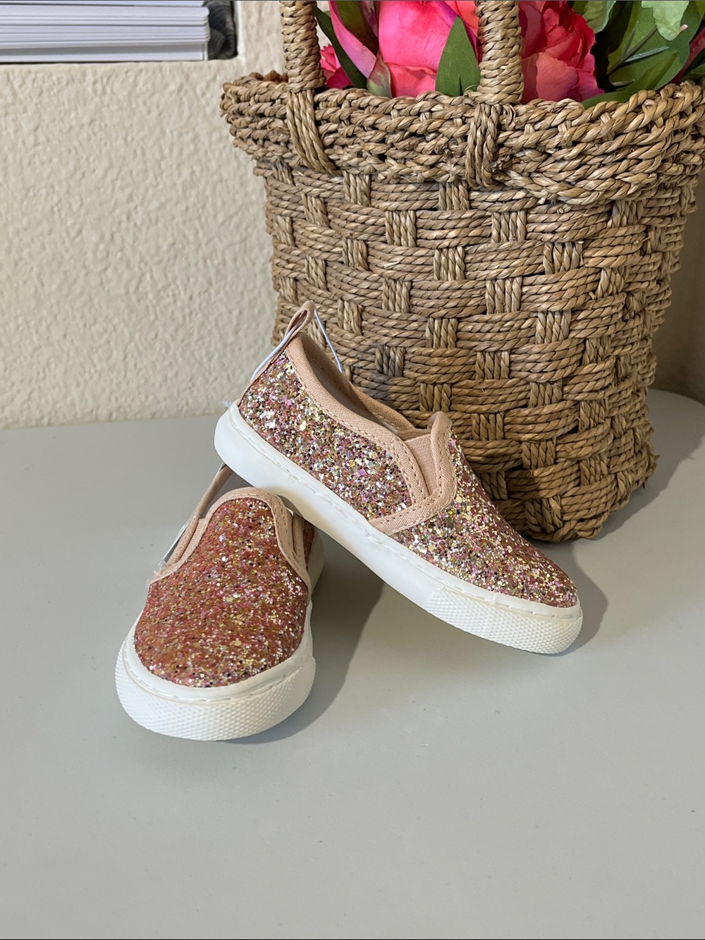 Cat & Jack Girls' Rose Gold Glitter Slip-On Sneakers Madigan